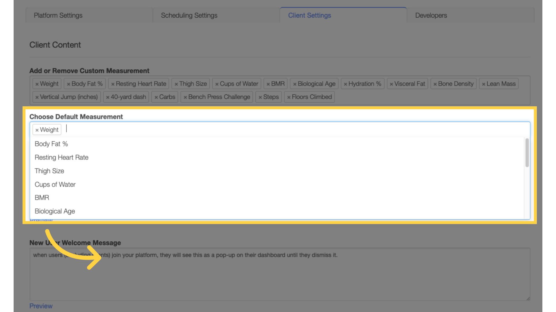 Click on the “Custom Default Measurement” drop-down list.