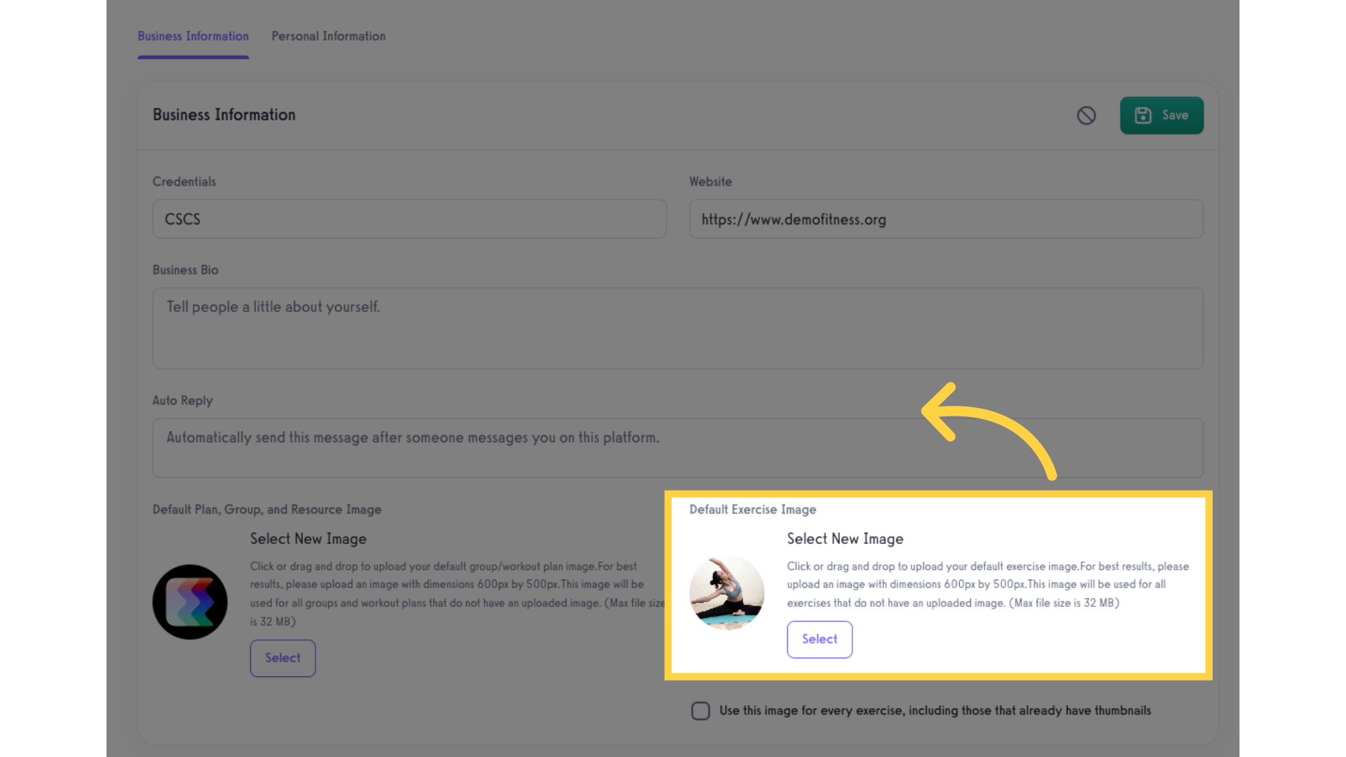 Upload image on 'Default Exercise Image' section.