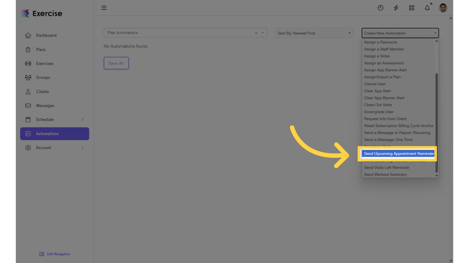 Click on âCreate New Automationâ and select 'Send Upcoming Session Reminder' from the drop-down.