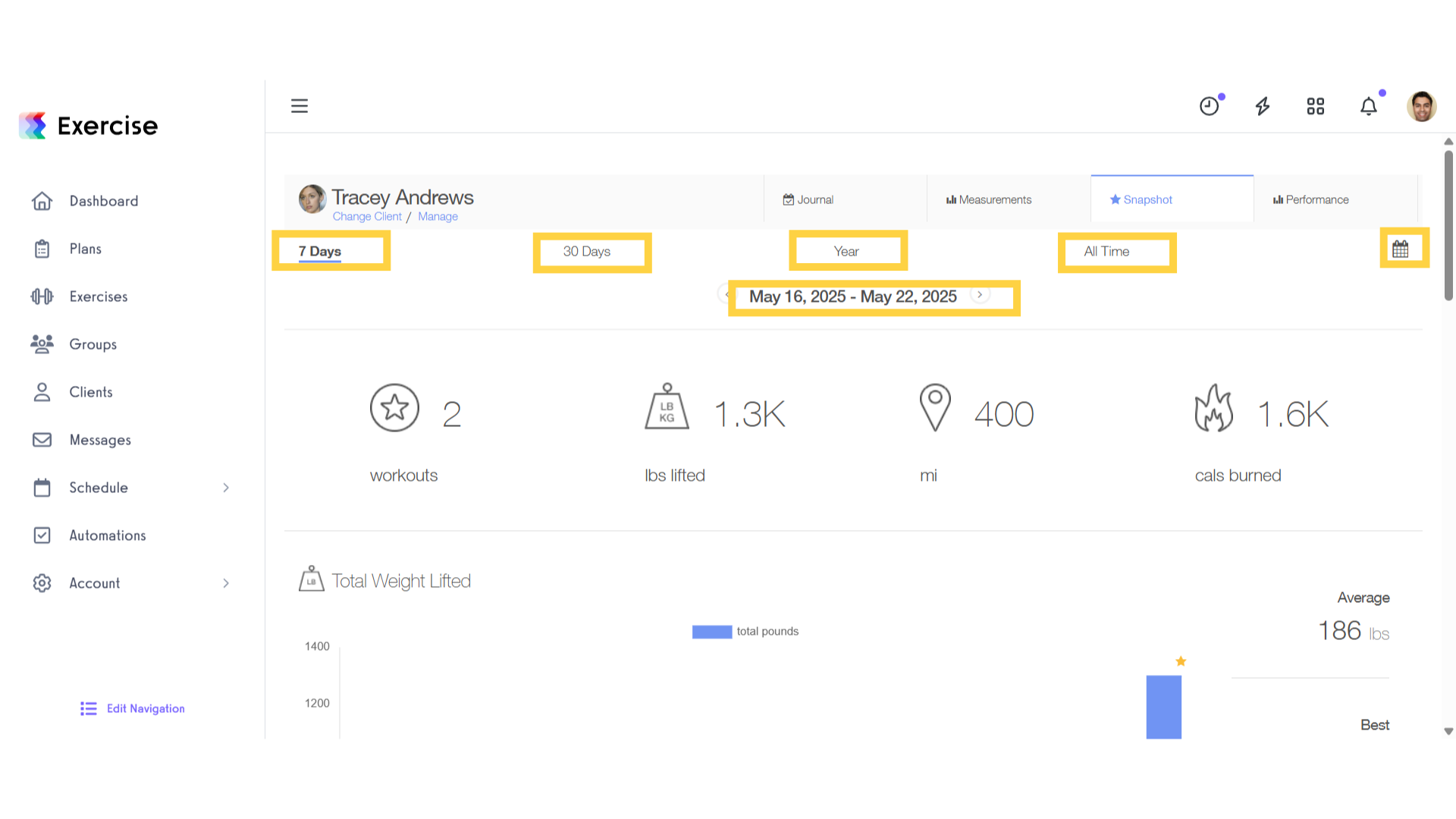 View your client’s workout overview and history.