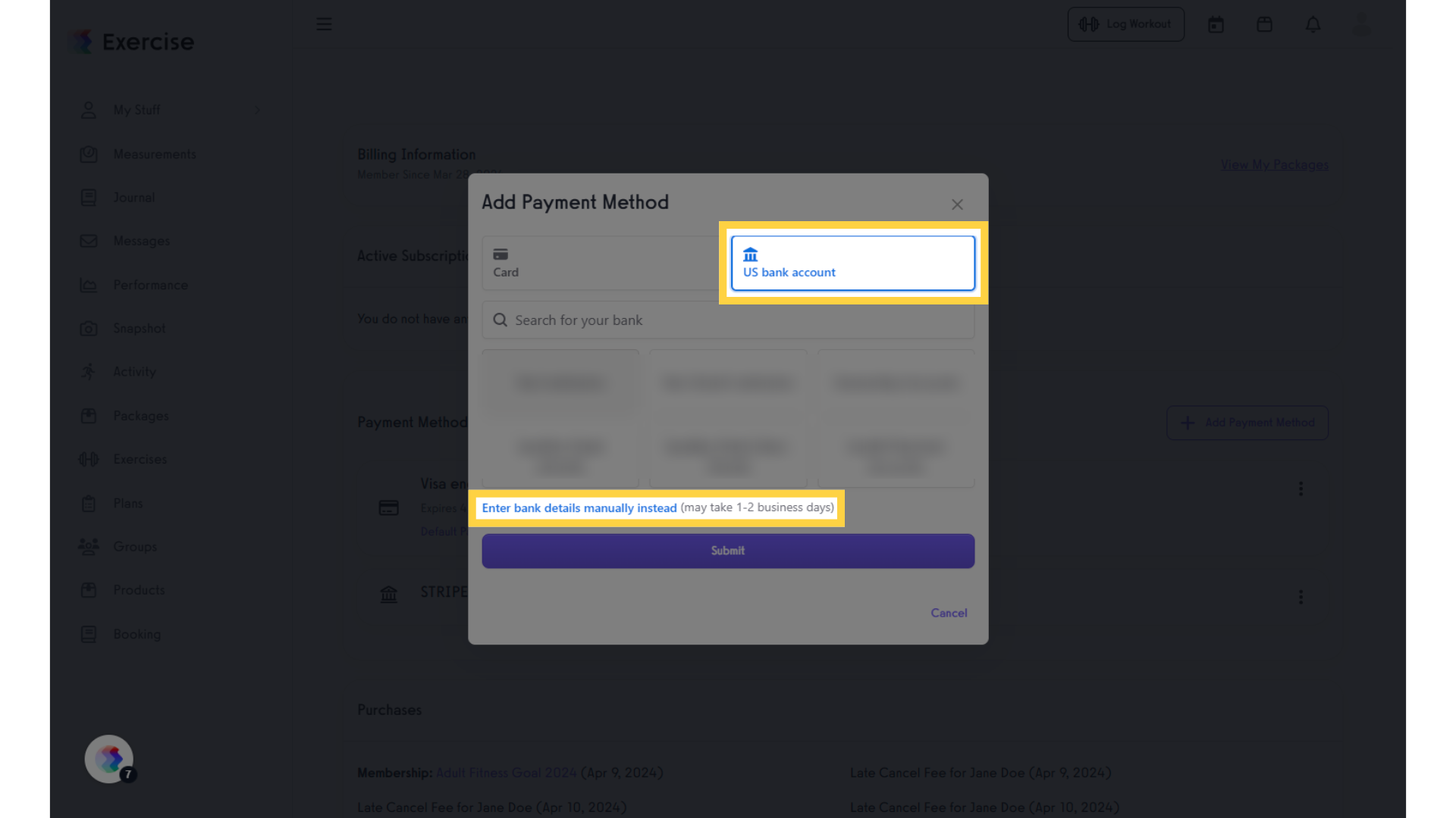 Search for and select your bank, or manually enter your bank details.