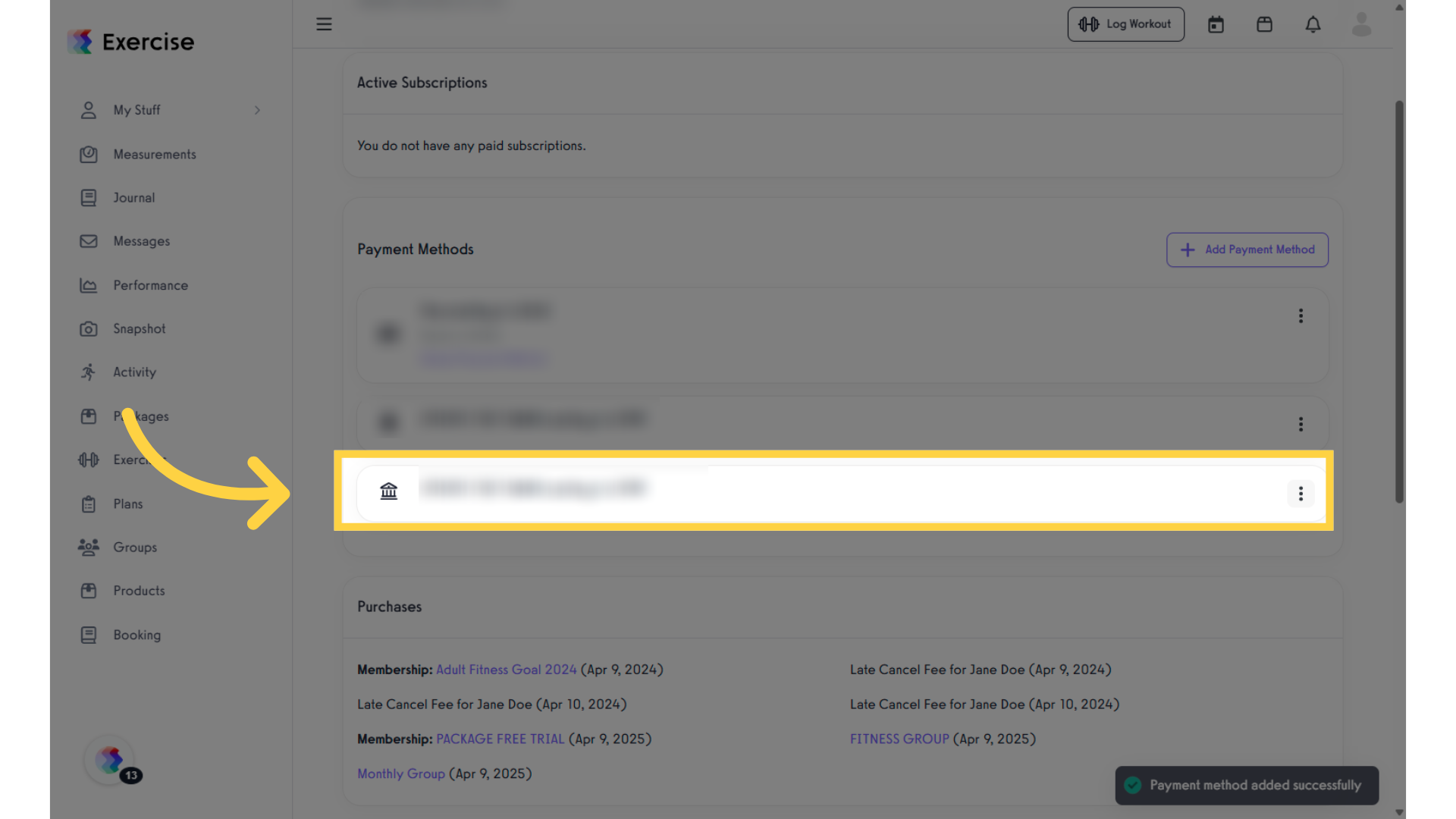 Selected bank account added to Billing Information.