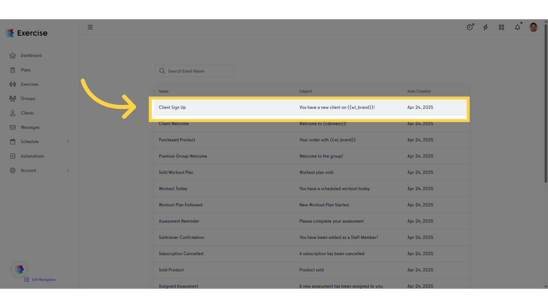 Click on the email template desired.