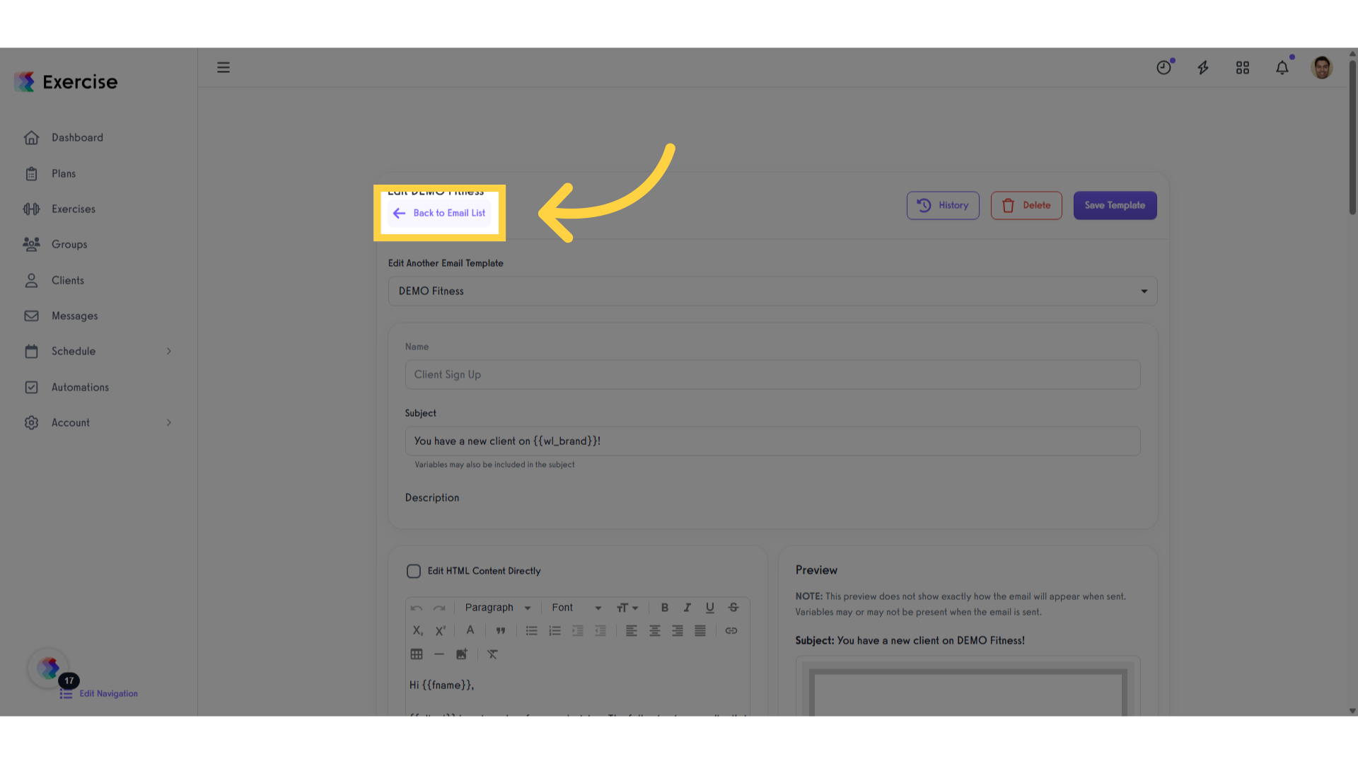 Click 'Back to Email List'