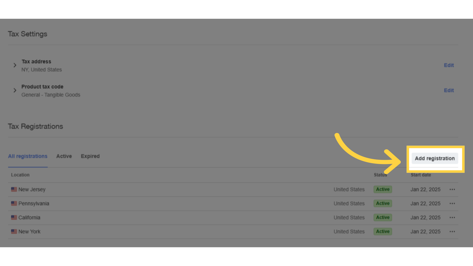 Click 'Add registration' to register for automatic tax collection wherever you need to.