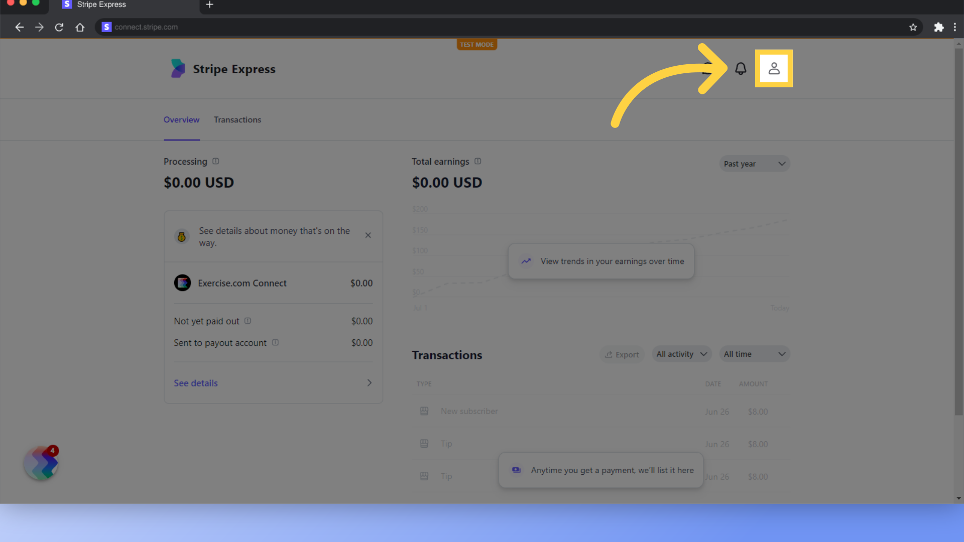 Click the profile icon in your Stripe Express account.