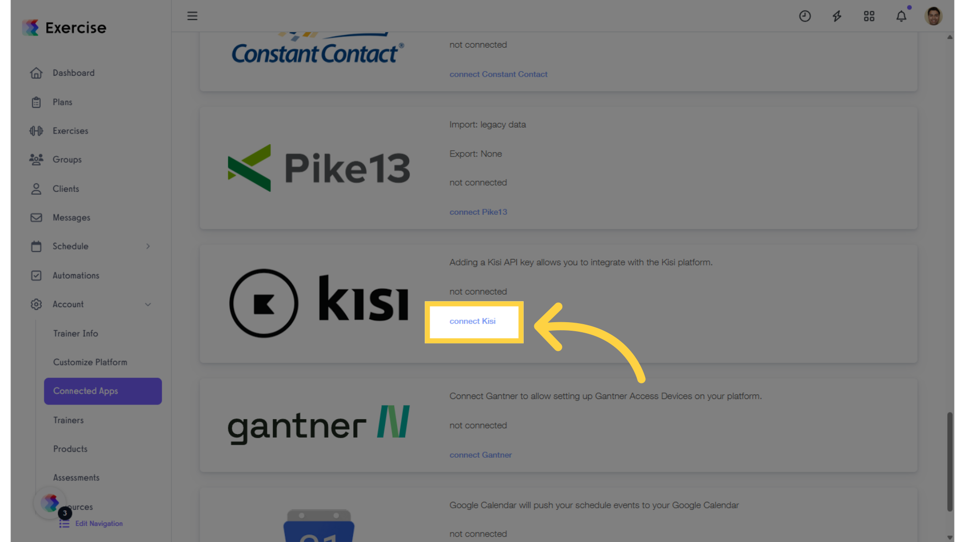 Scroll down to the Kisi section and click on the “Connect Kisi” link.
