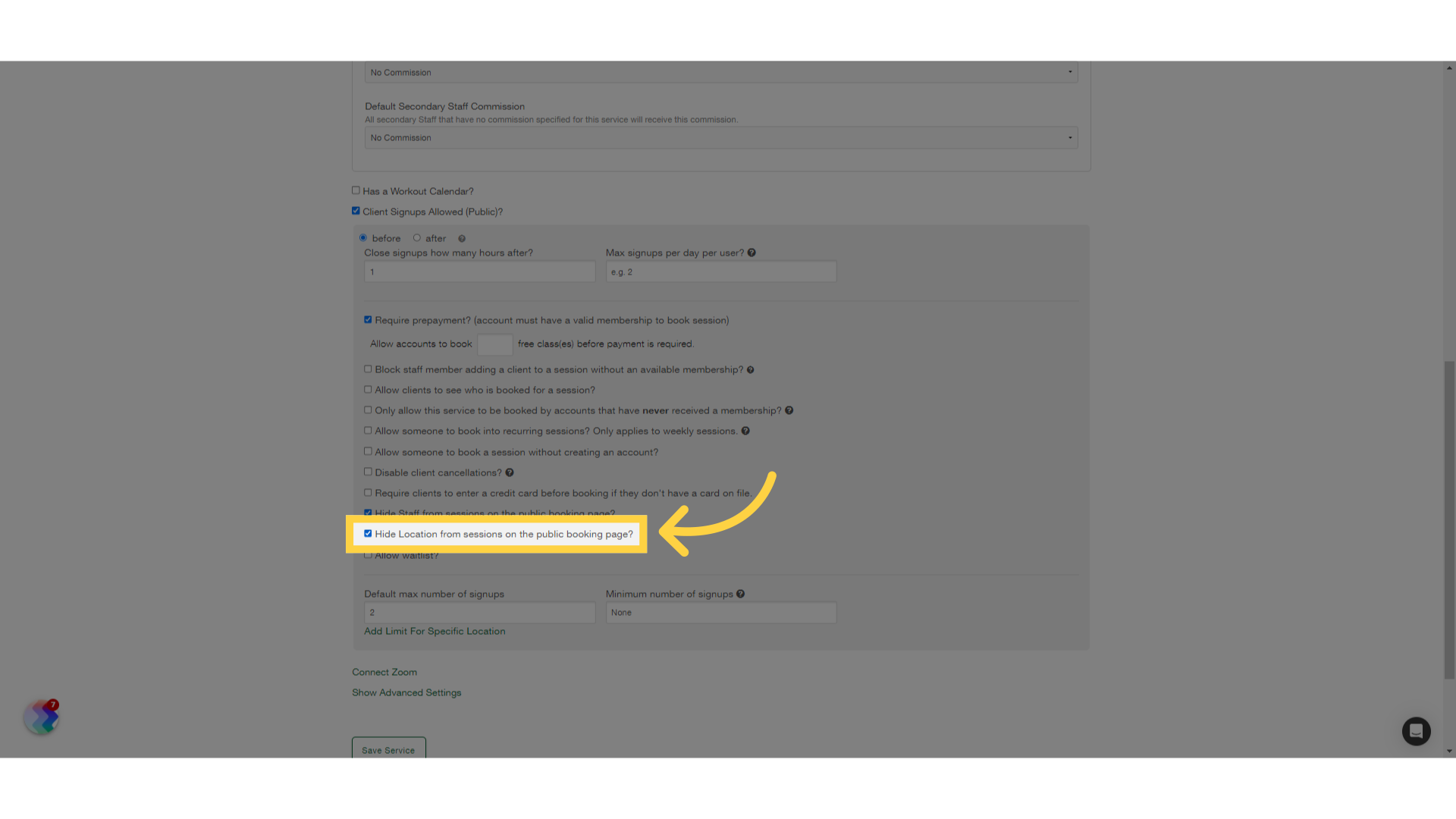 Select 'Hide Location from sessions on the public booking page?' option.