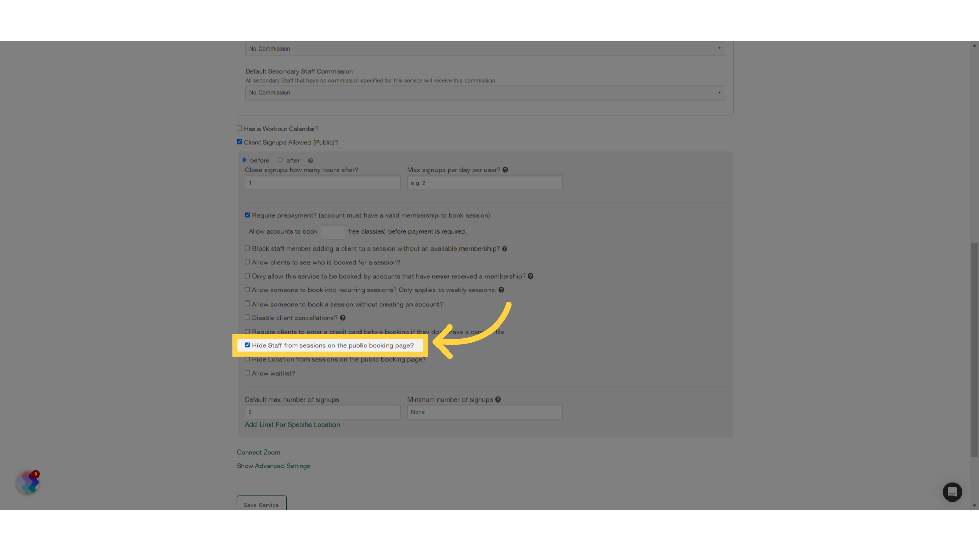 Select 'Hide Staff from sessions on the public booking page?' option.