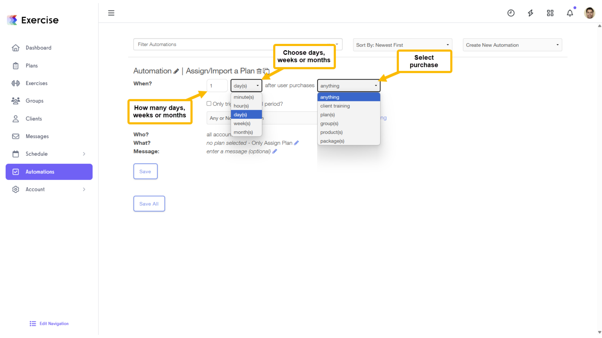 Select an action that will assign the plan.