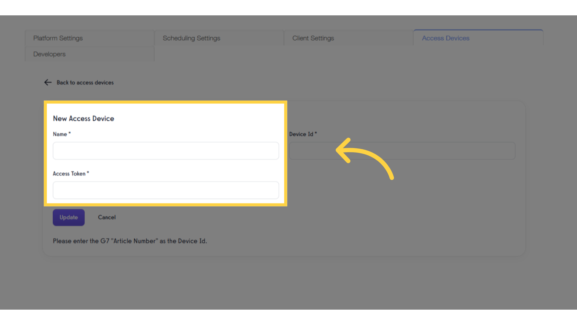 Set up your device name and access token.