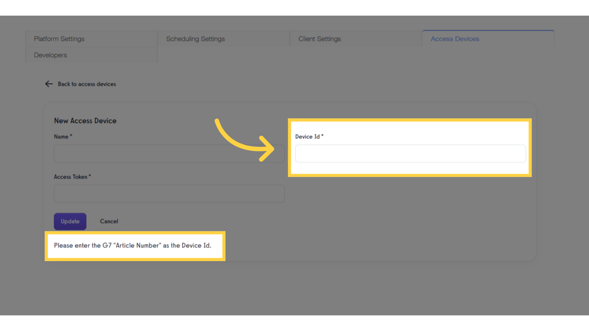 Plug in the Article Number from your device as the Device ID.
