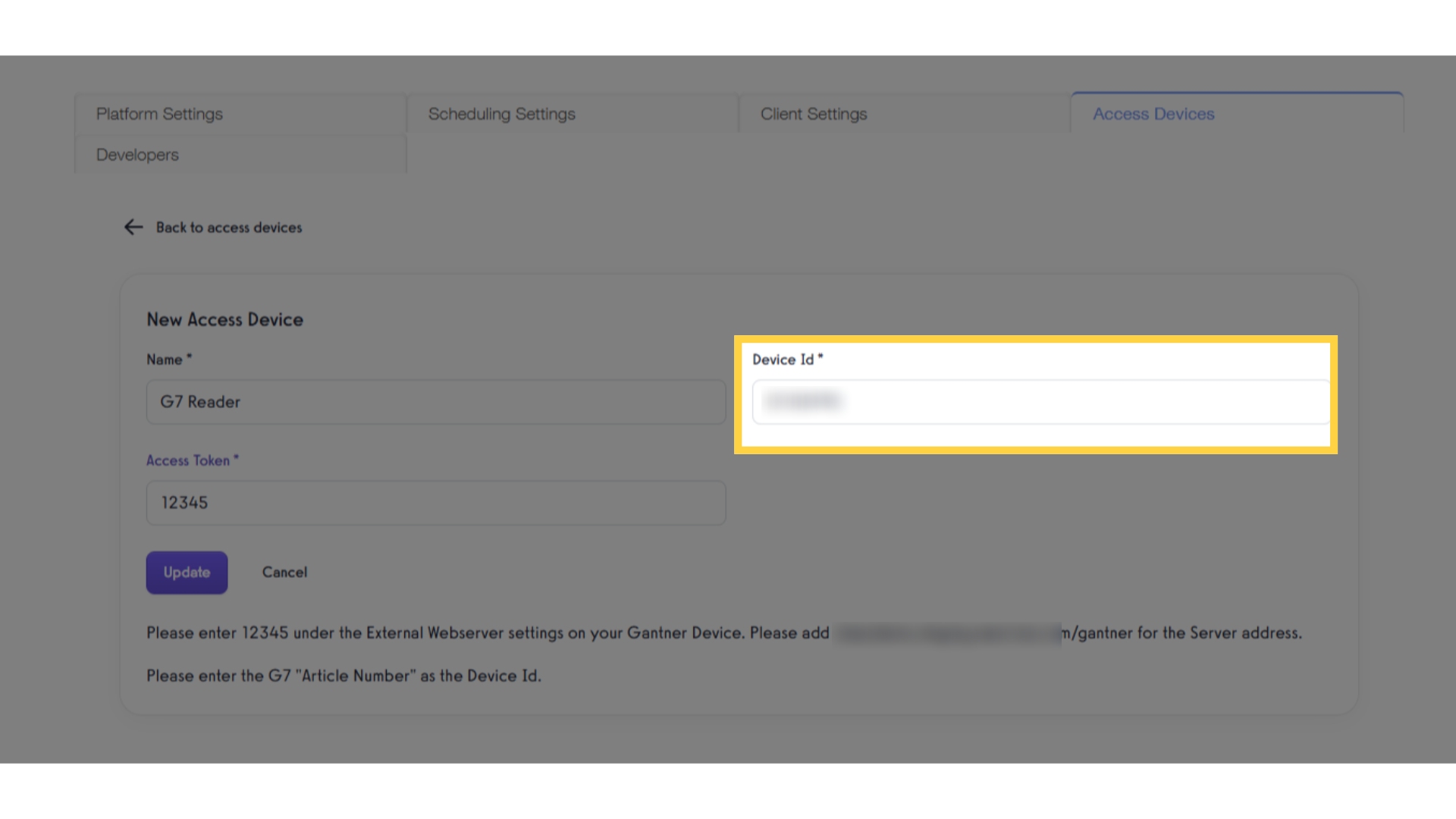 Enter the Article Number in the 'Device ID' field, and save your settings.