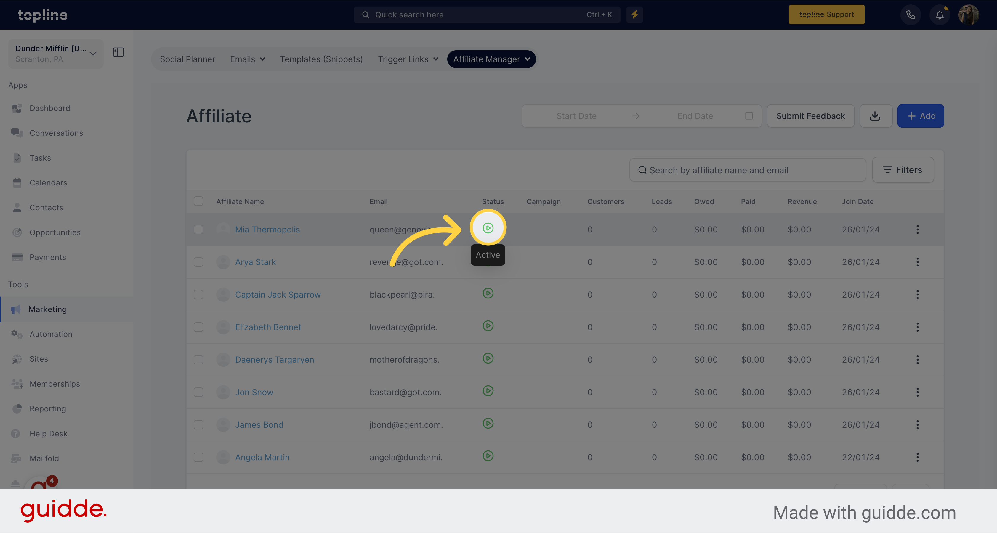 Click here to 'Inactivate Affiliate'