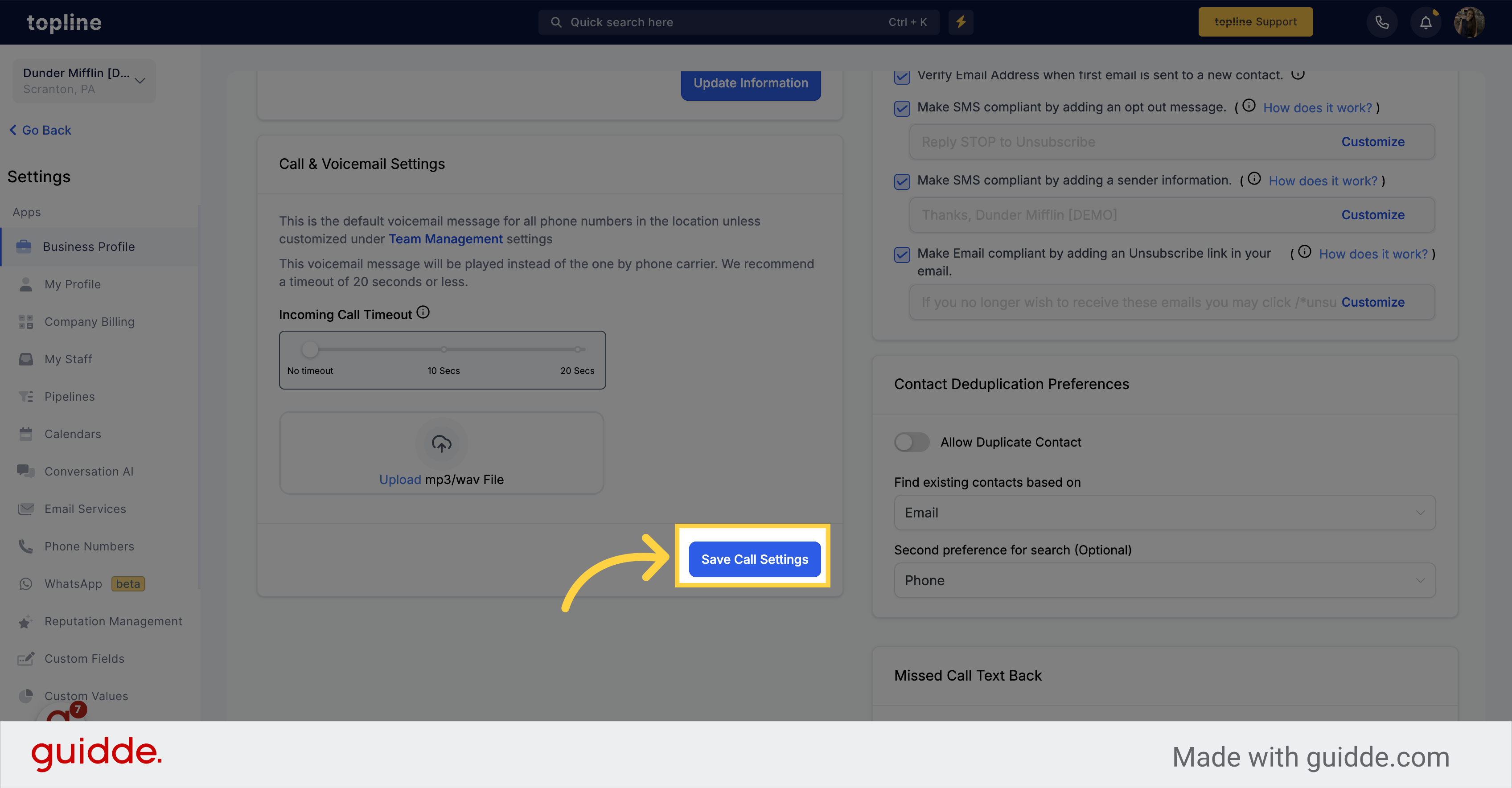Click 'Save Call Settings'