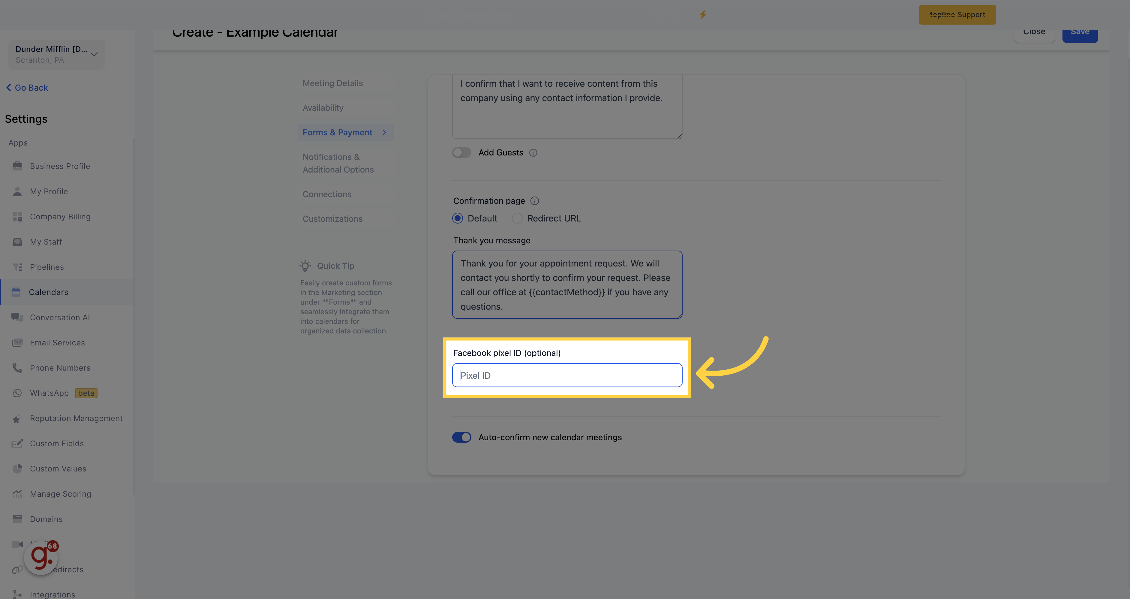 Input 'Facebook Pixel ID'