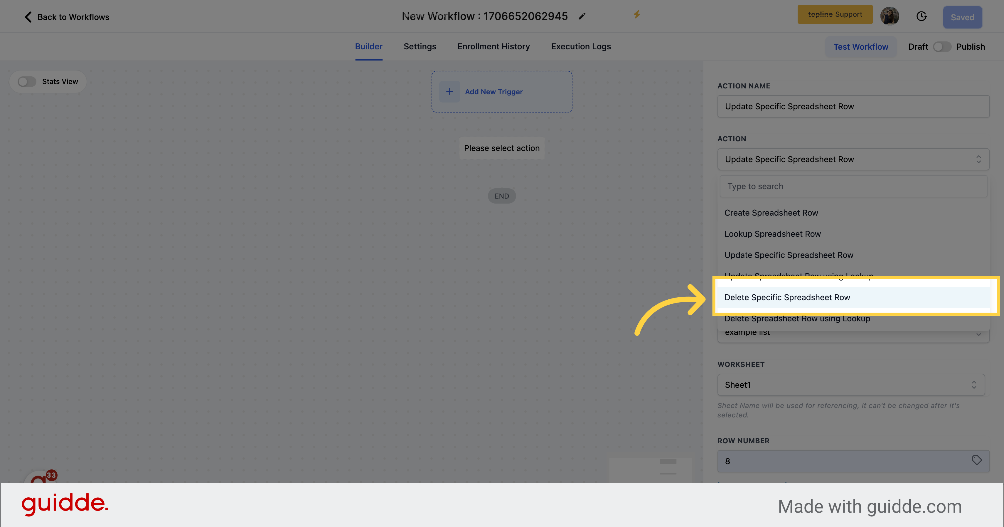 Click 'Delete Specific Spreadsheet Row'