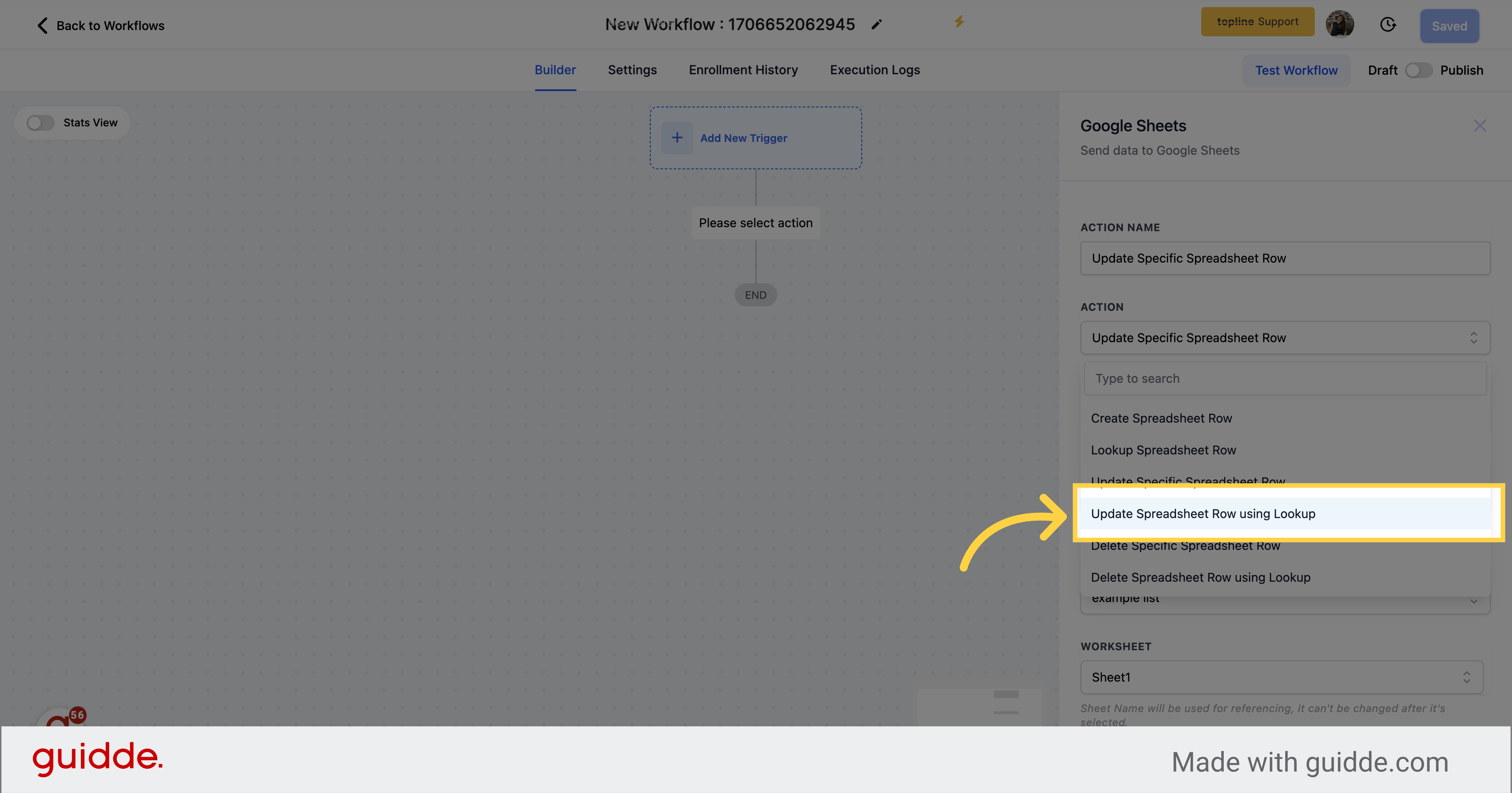 Click 'Update Spreadsheet Row using Lookup'