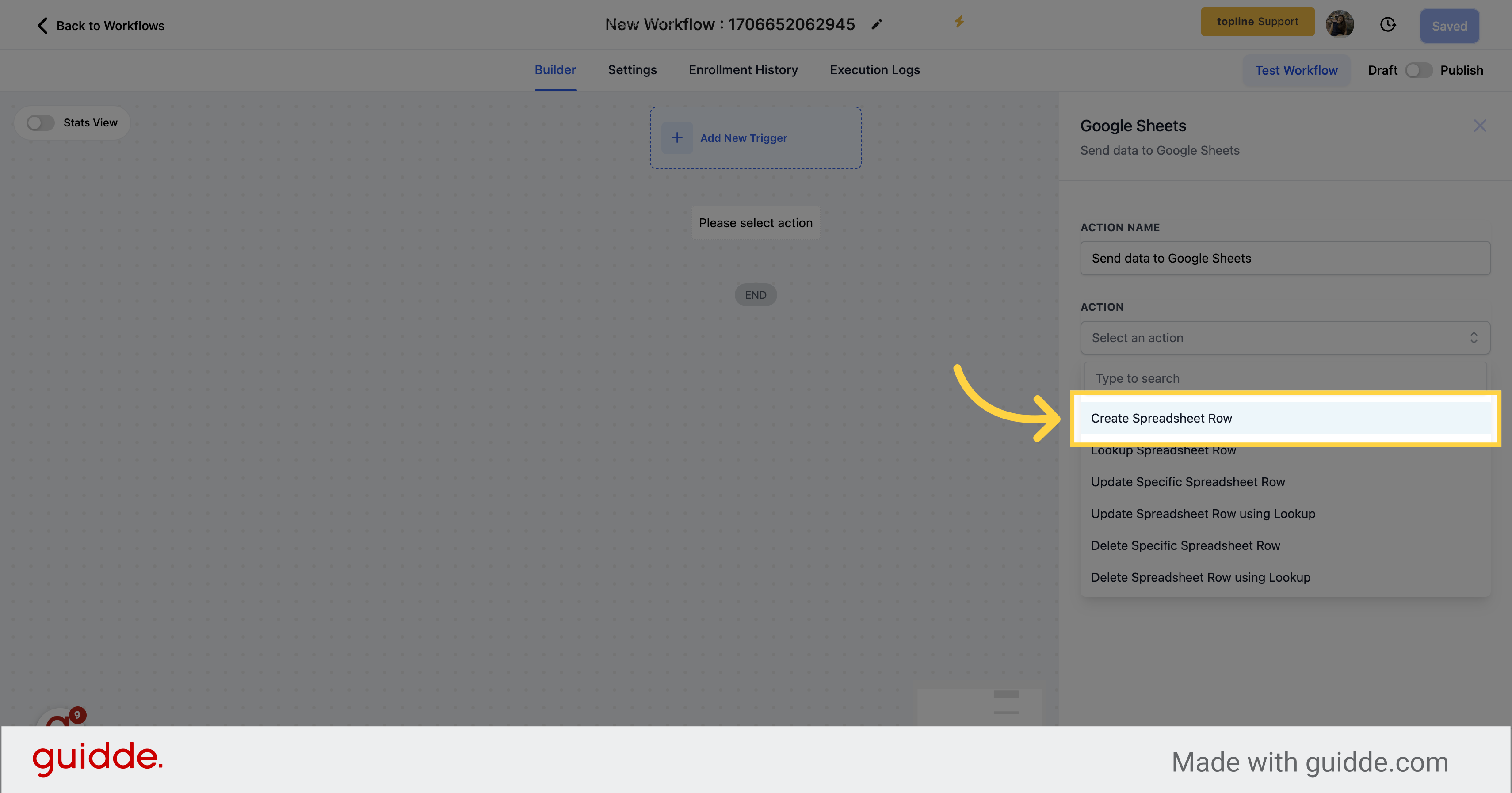 Click 'Create Spreadsheet Row'