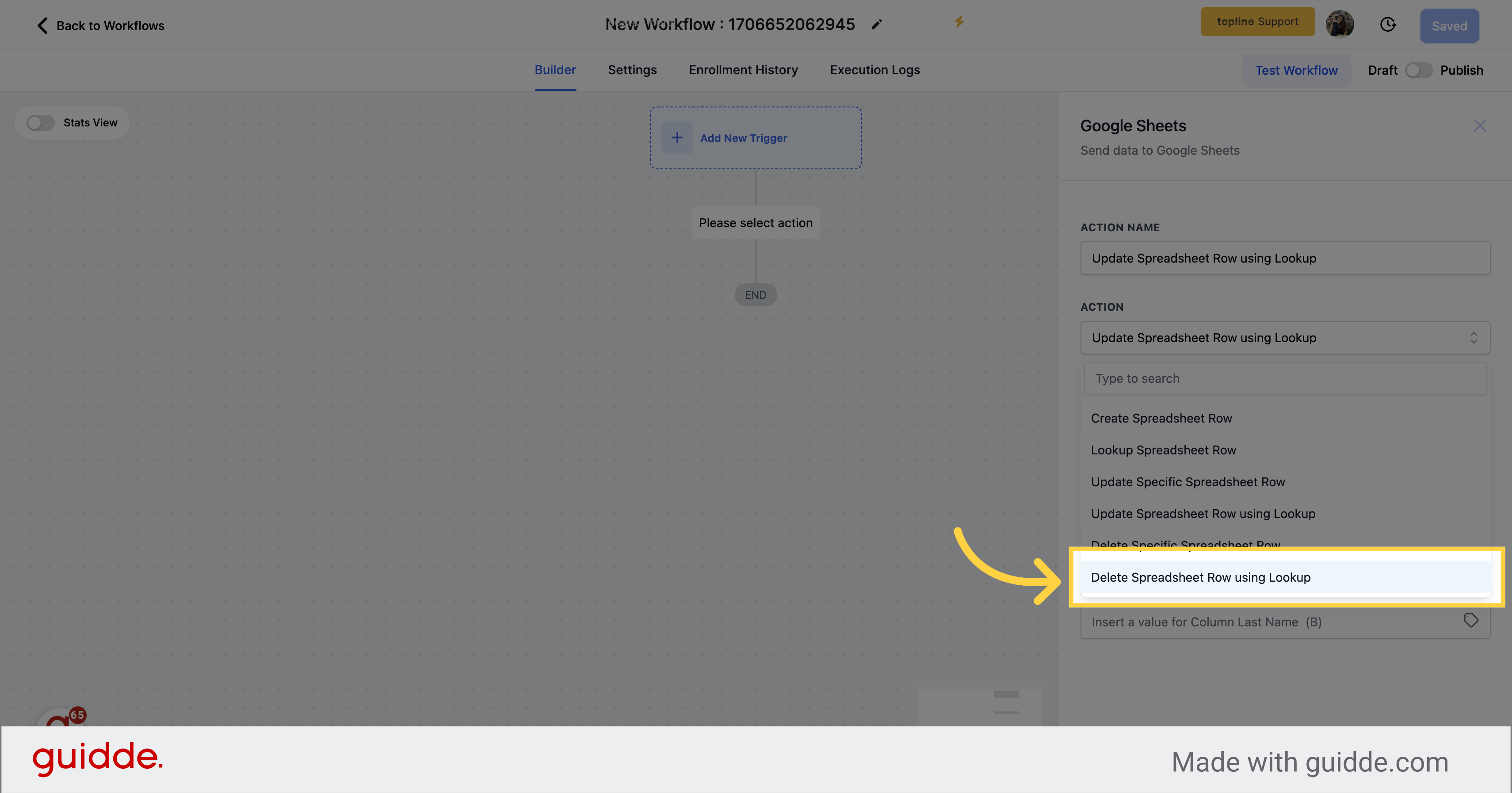 Click 'Delete Spreadsheet Row using Lookup'