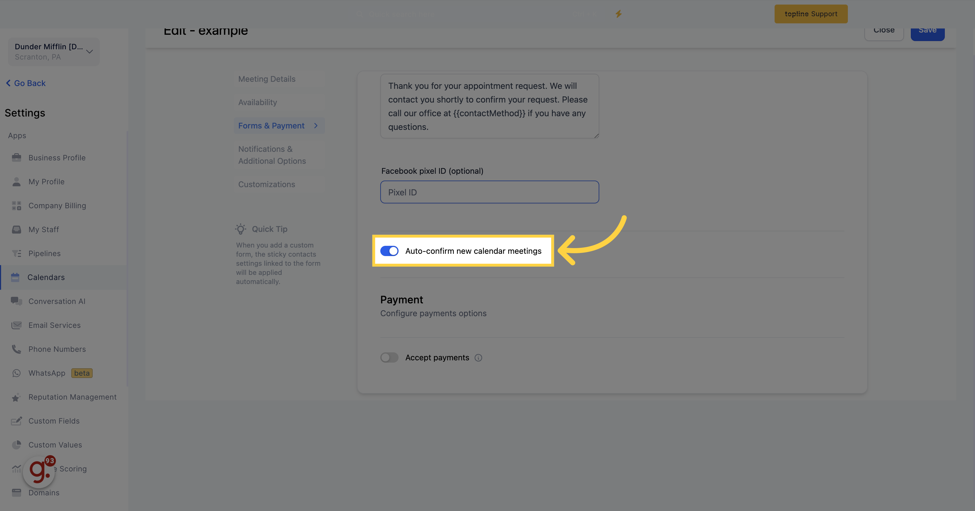 Click 'Auto-confirm New Calendar Meetings'