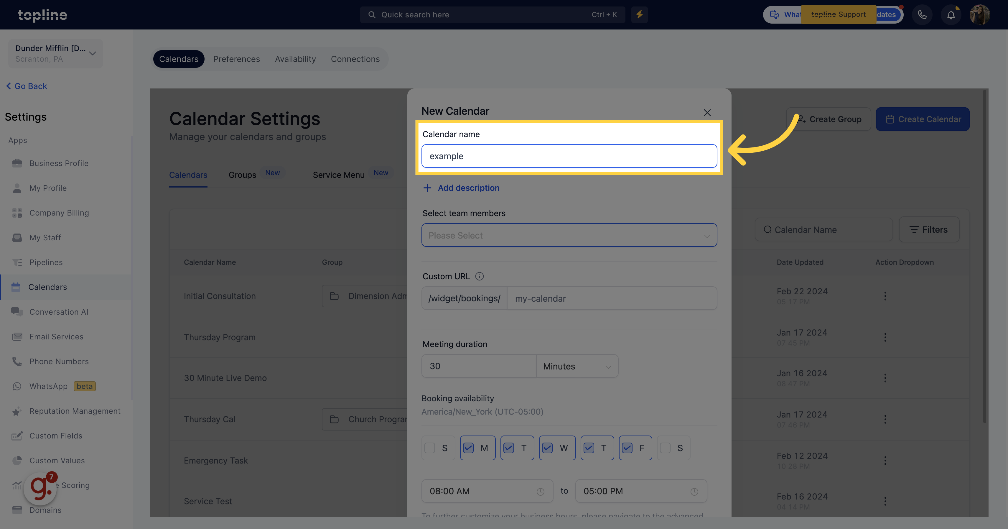 Input 'Calendar Name'