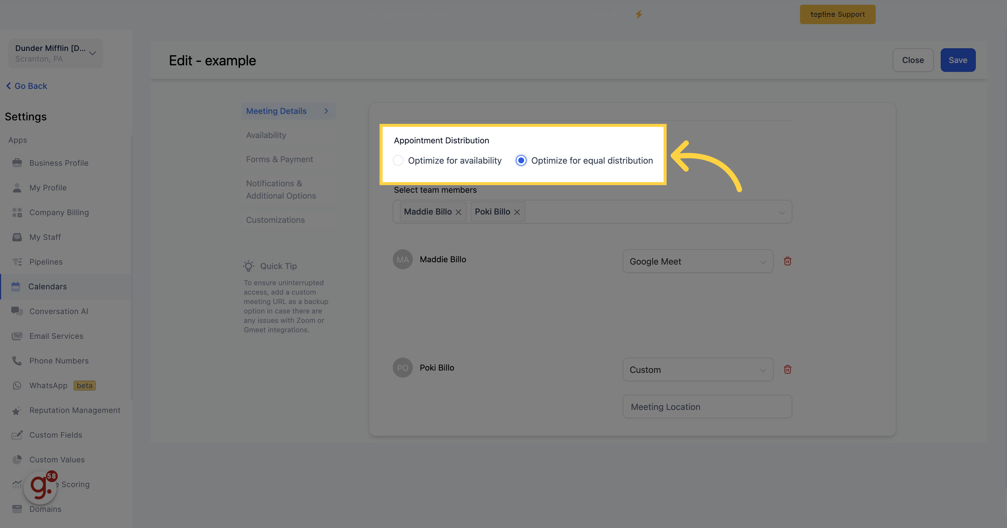 Under 'Appointment Distribution', choose 'Optimize for Equal Distribution'