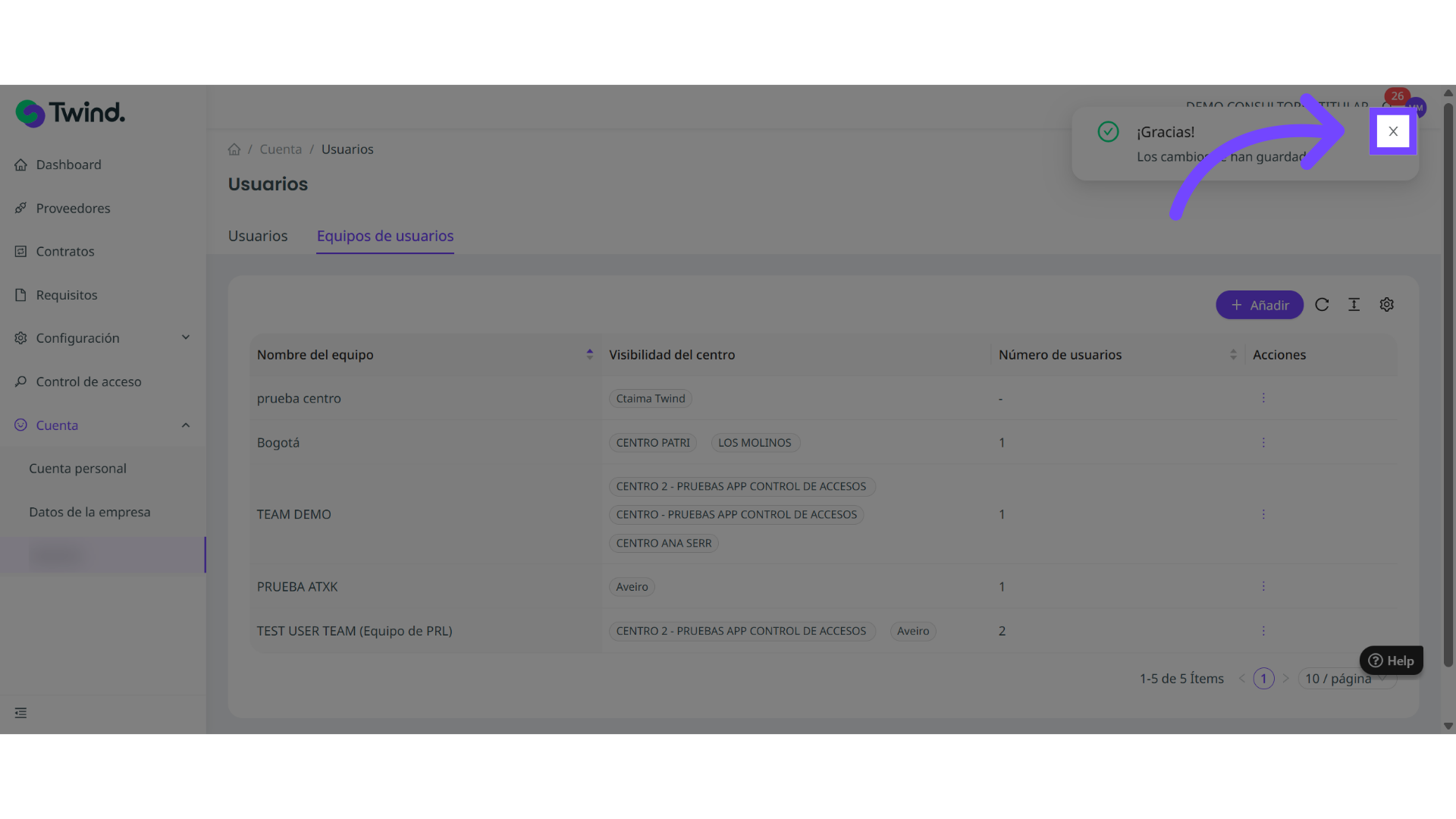 Confirmación de cambios al crear un equipo de usuarios