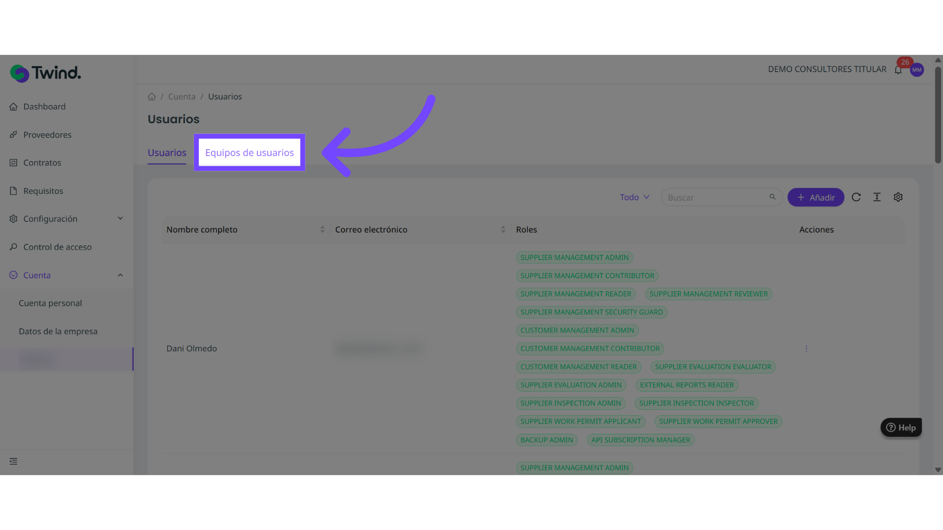 Accede a la sección Cuenta > Usuarios > Equipos de Usuarios