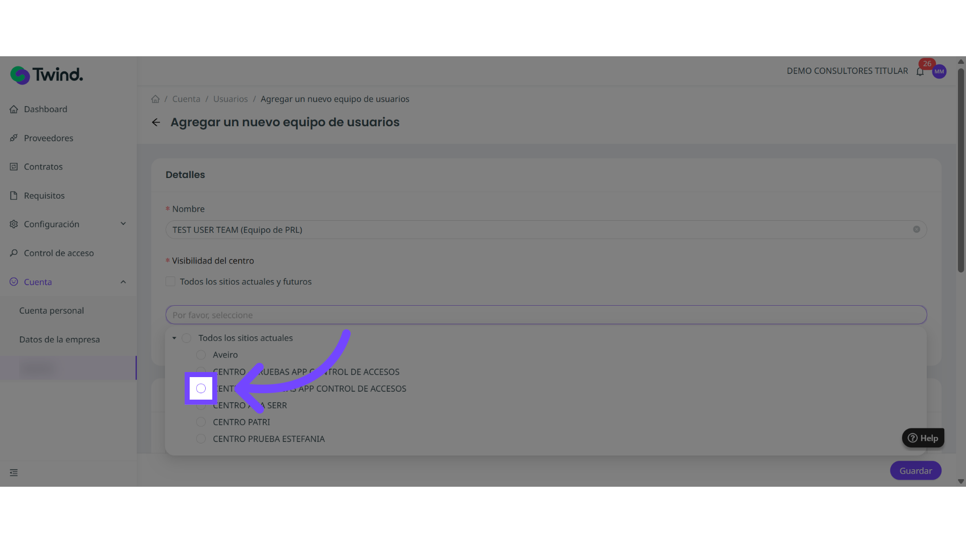 Selecciona manualmente los centros de trabajo