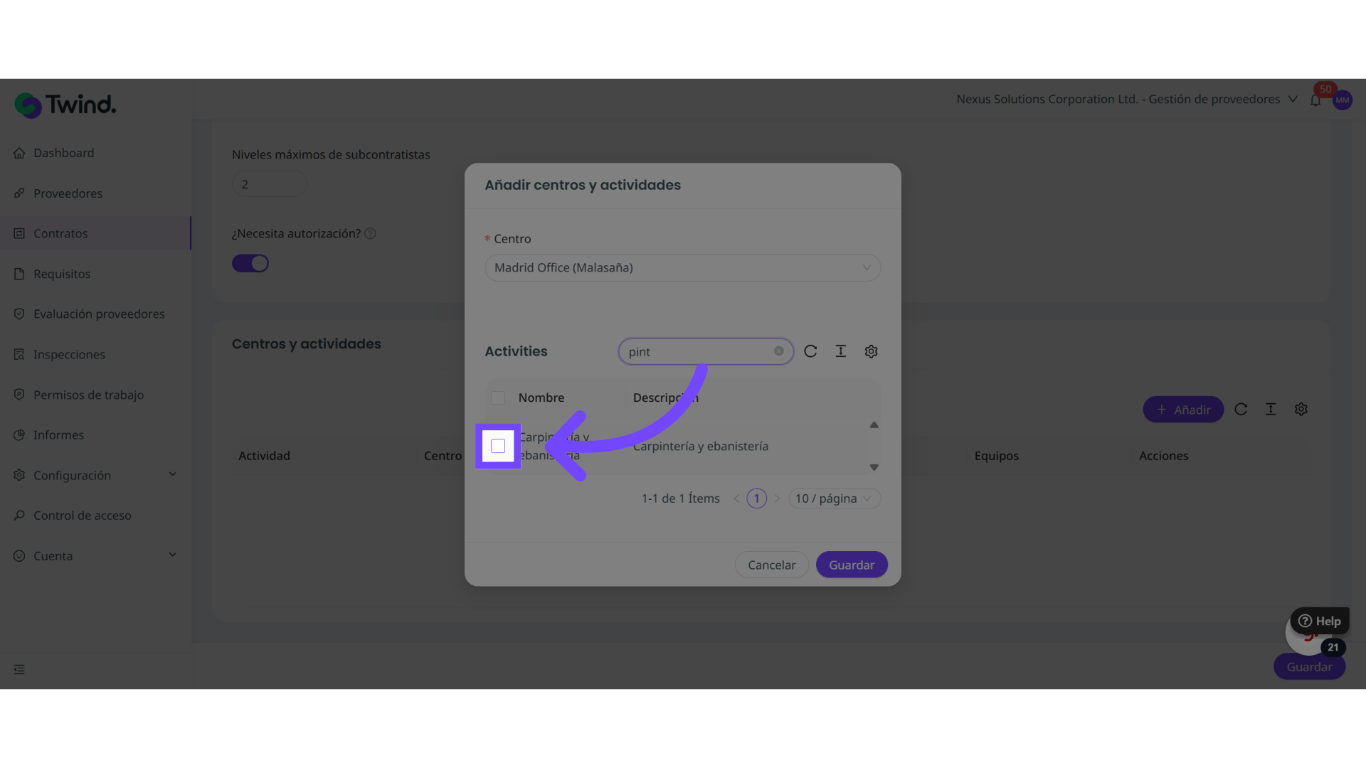 Haz clic en el checkbox que aplique para seleccionar una o varias actividades del listado