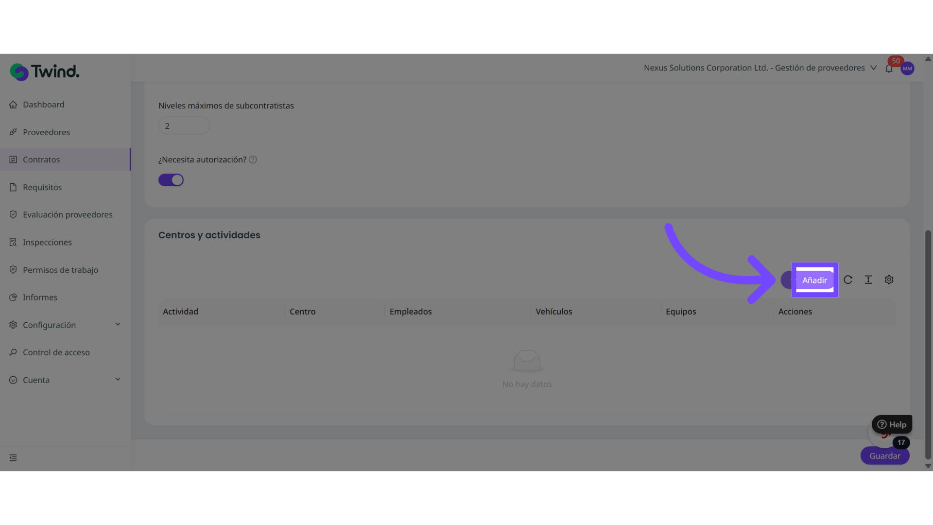 Añade los centros y actividades a los que aplica el nuevo contrato que estás creando