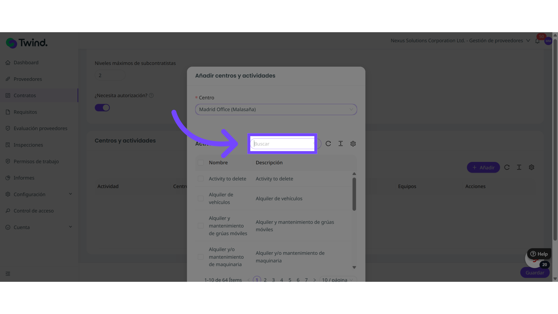 Busca y selecciona la actividad asociada al contrato que estás creando