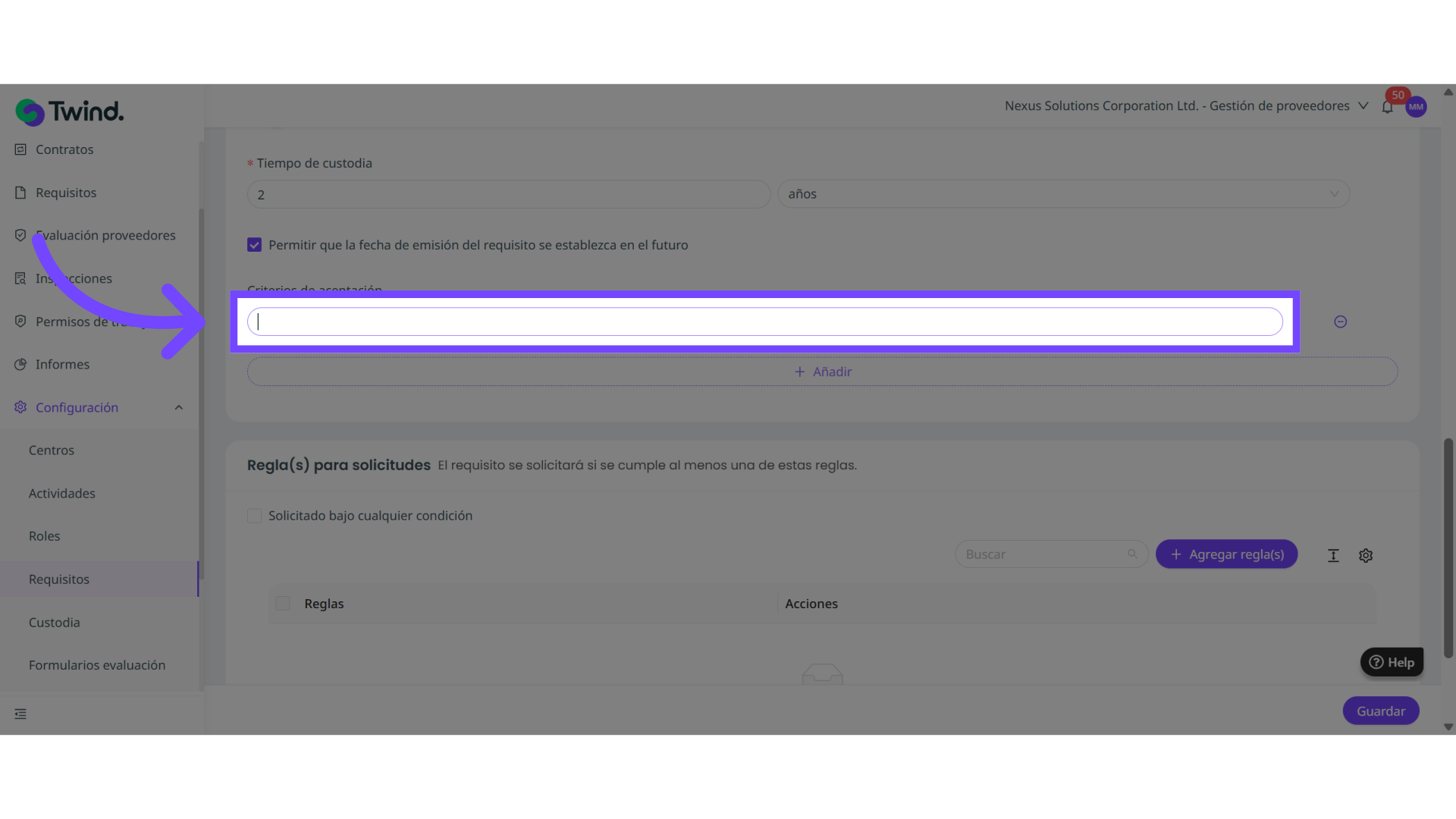 Añade criterios de aceptación del requisito
