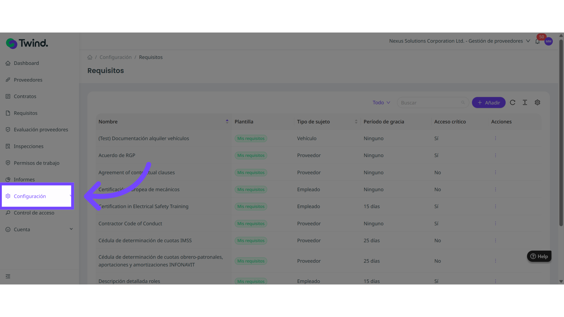 Configura los requisitos desde 'Configuración' > 'Requisitos'