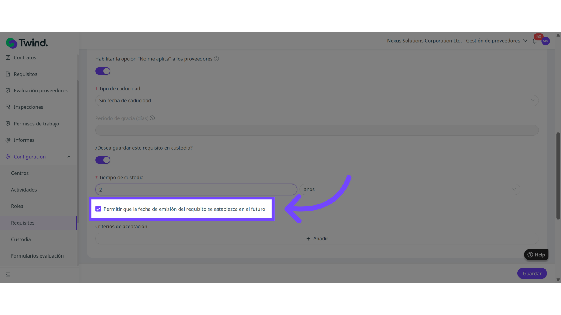 Clic 'Permitir que la fecha de emisión del requisito se establezca en el futuro'