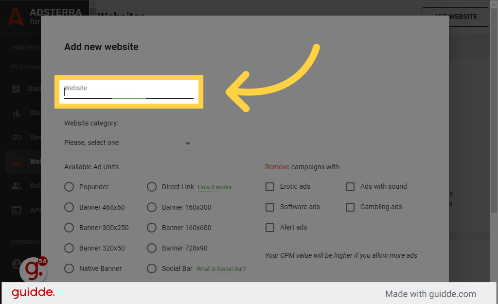 Click 'Example: adsterra.com'