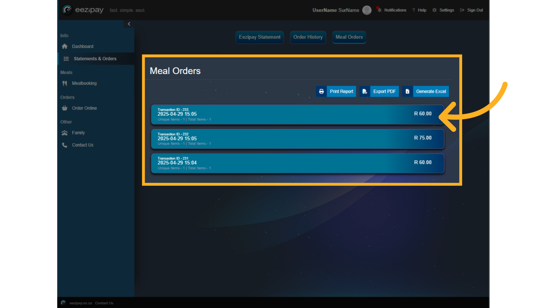 Select Meal Order