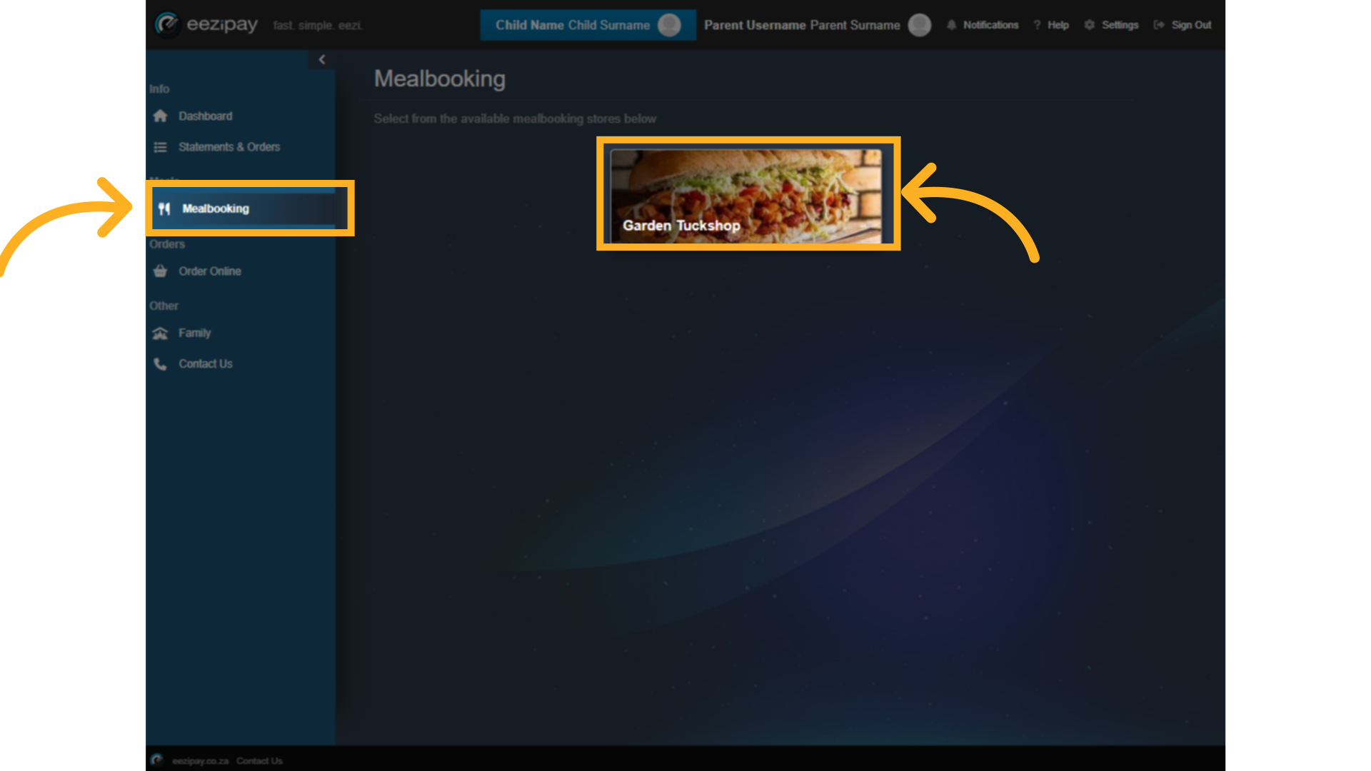 Select Mealbooking Menu Option & Store