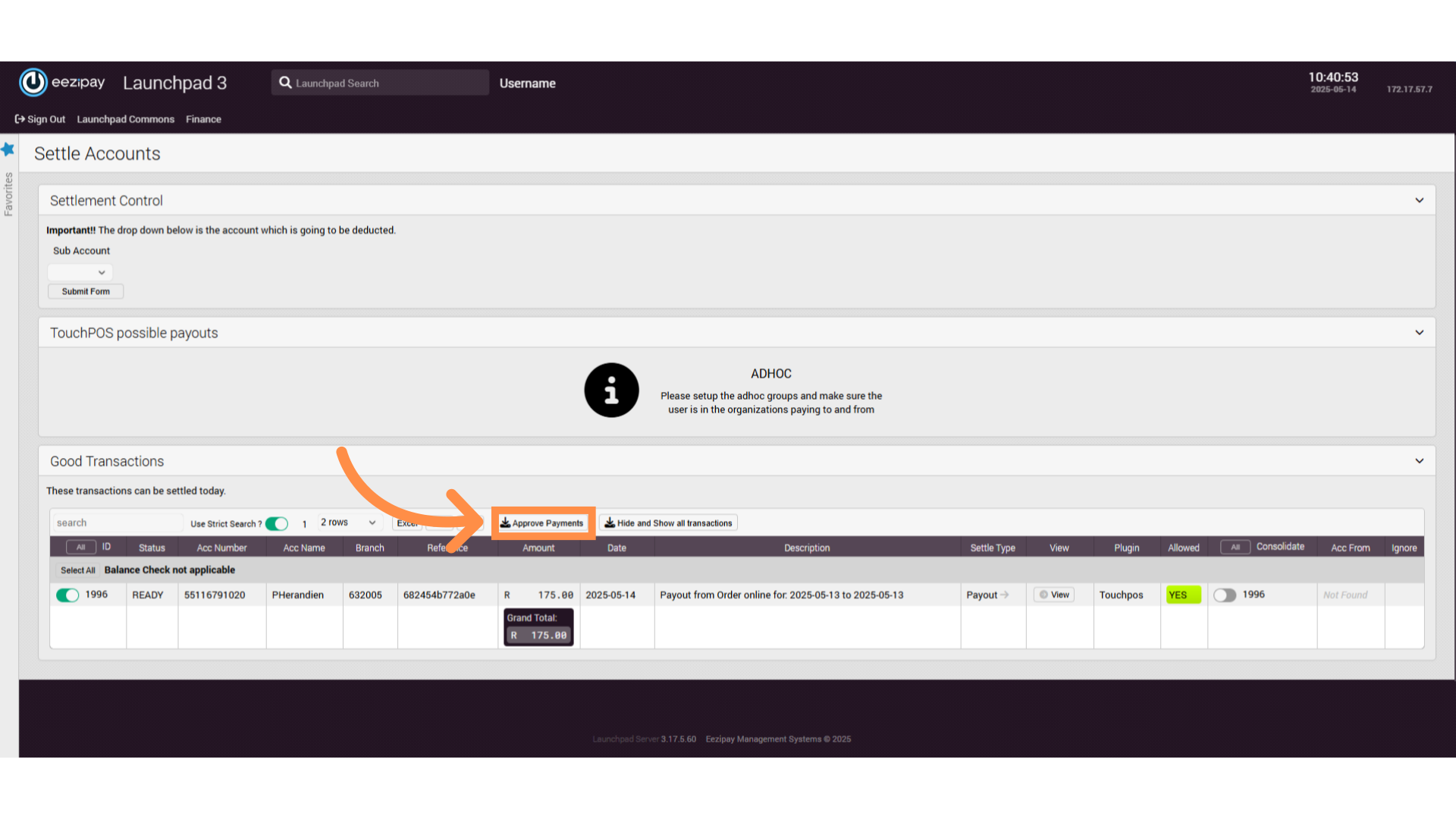 Approve Payments button