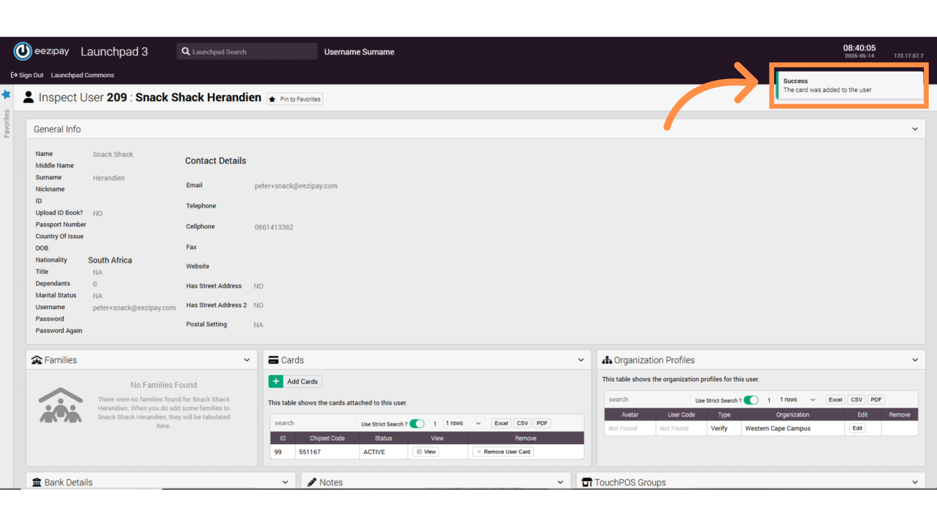 Successful Card Added to User