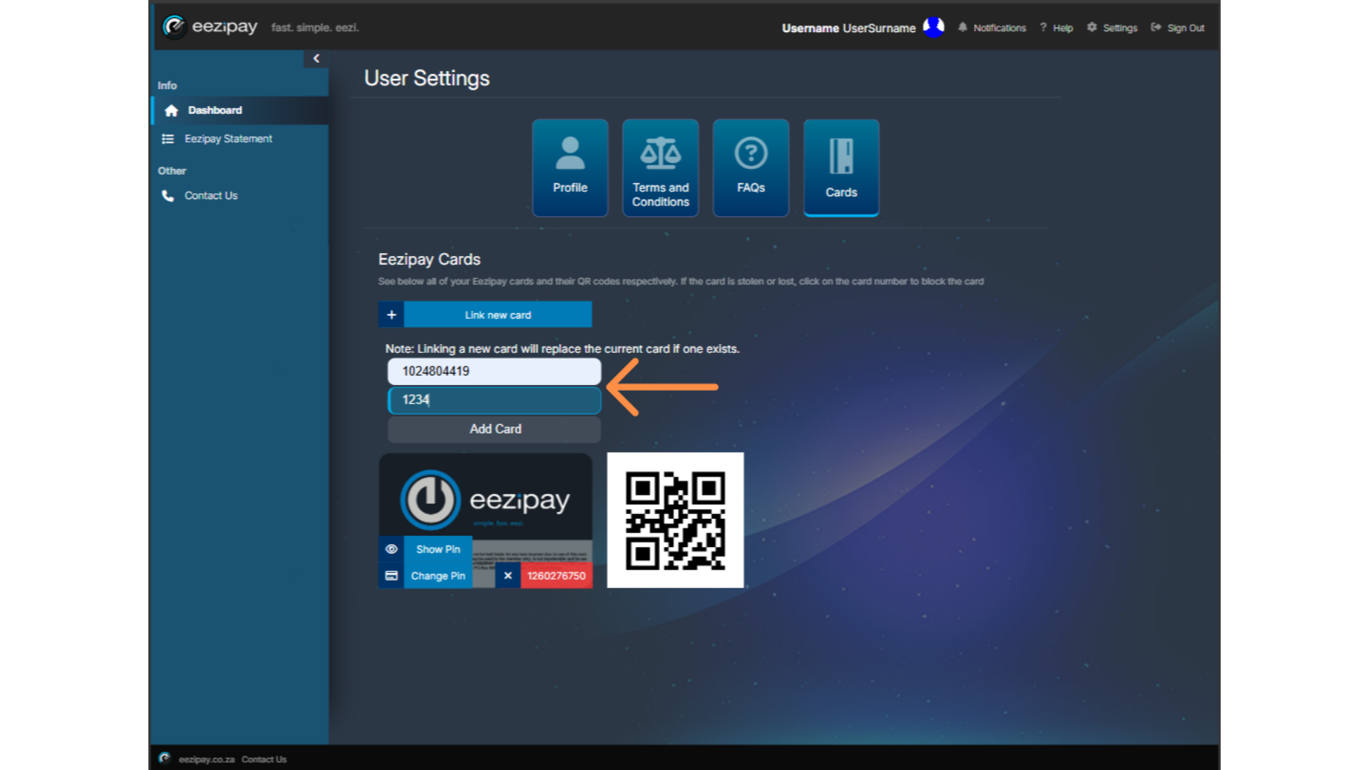 Adding New Card Number & Pin