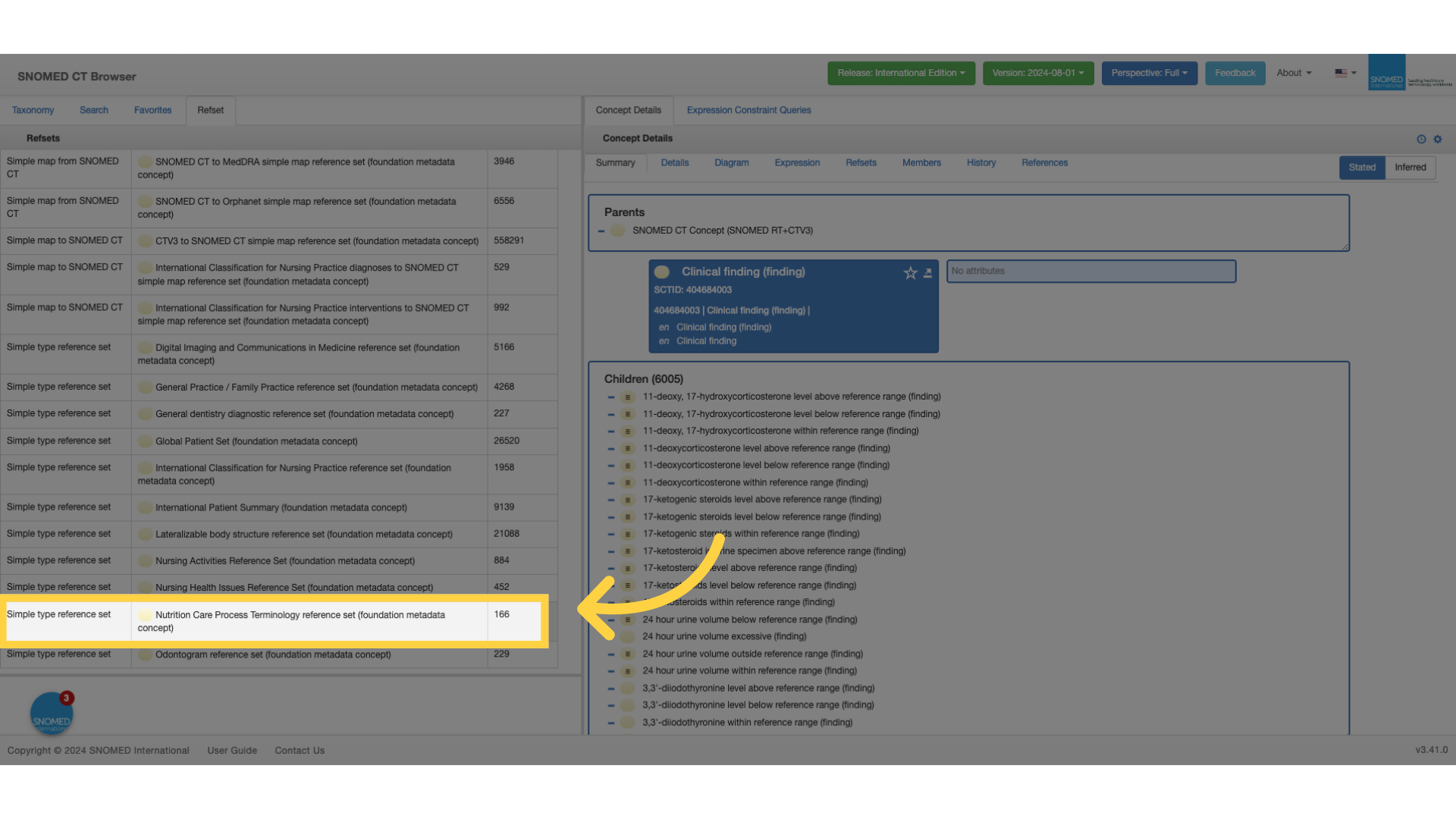 Scroll down the list to see the 'Nutrition Care Process Terminology reference set' - then click this row