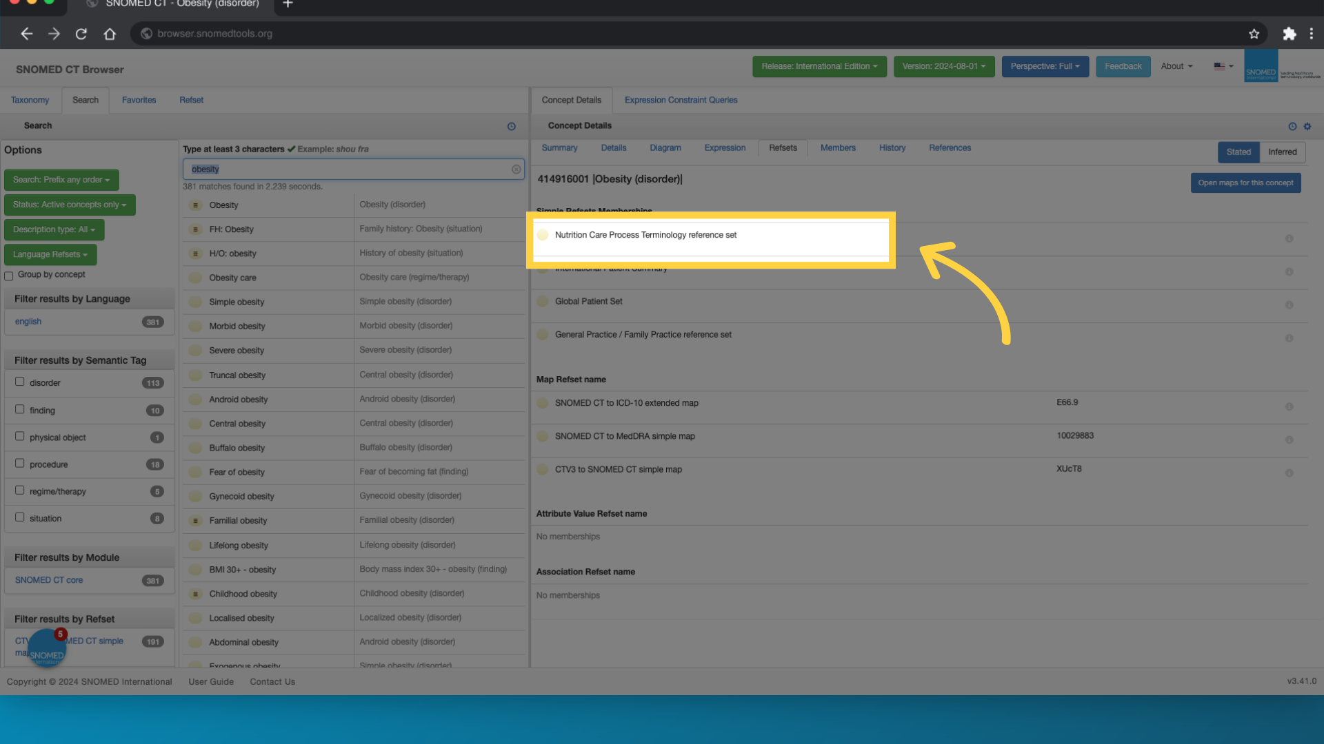 Here you see what simple type reference sets, the selected concept is included in