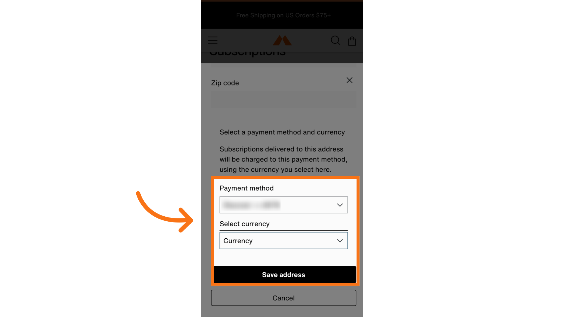 Select a payment method and currency
