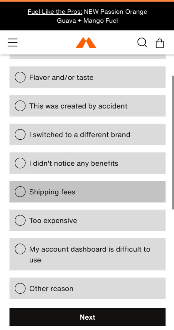 Select your reason for cancelling, then next