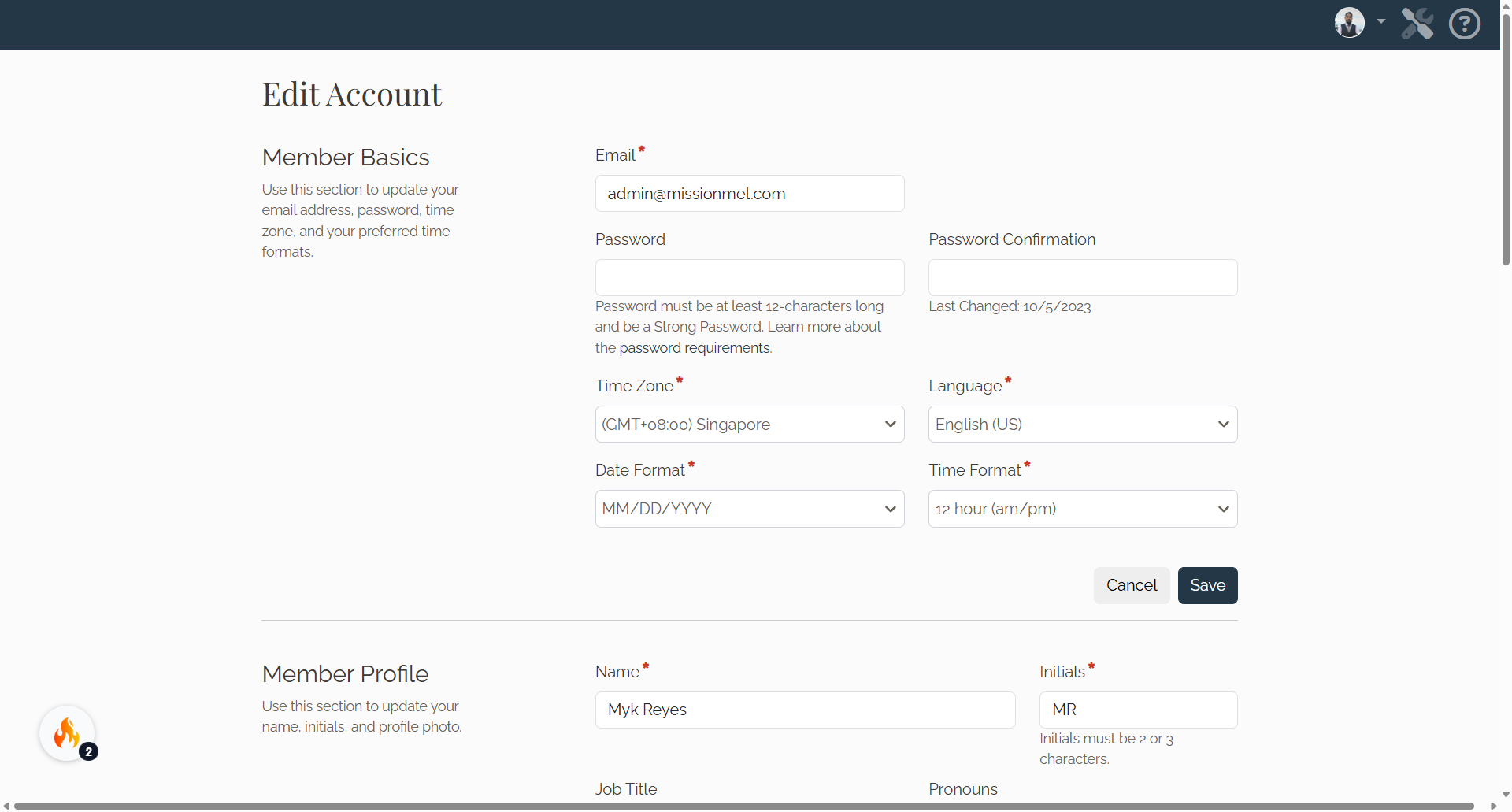 Edit Account page