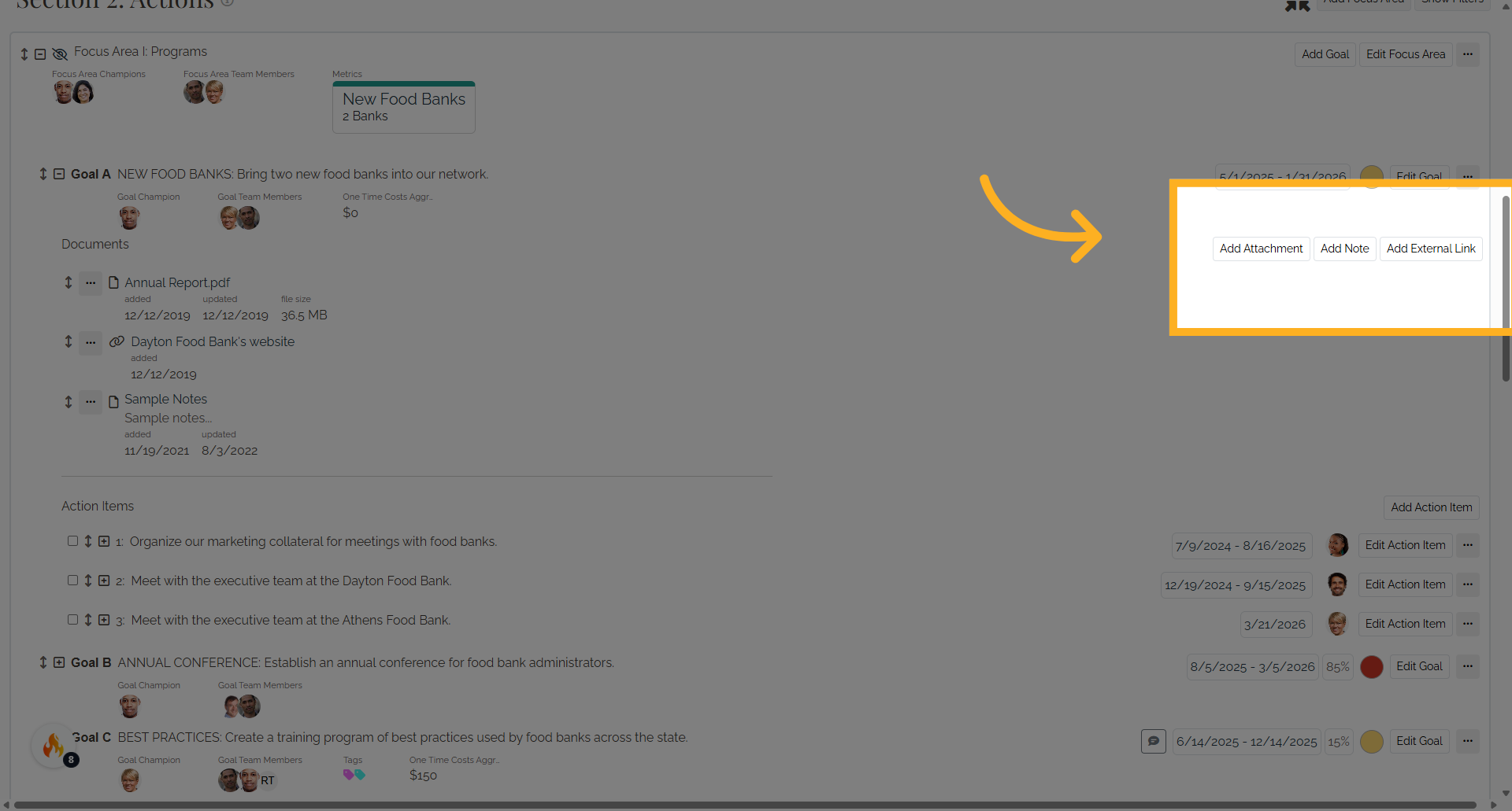 You can add a note, link, or attachment to a goal. 