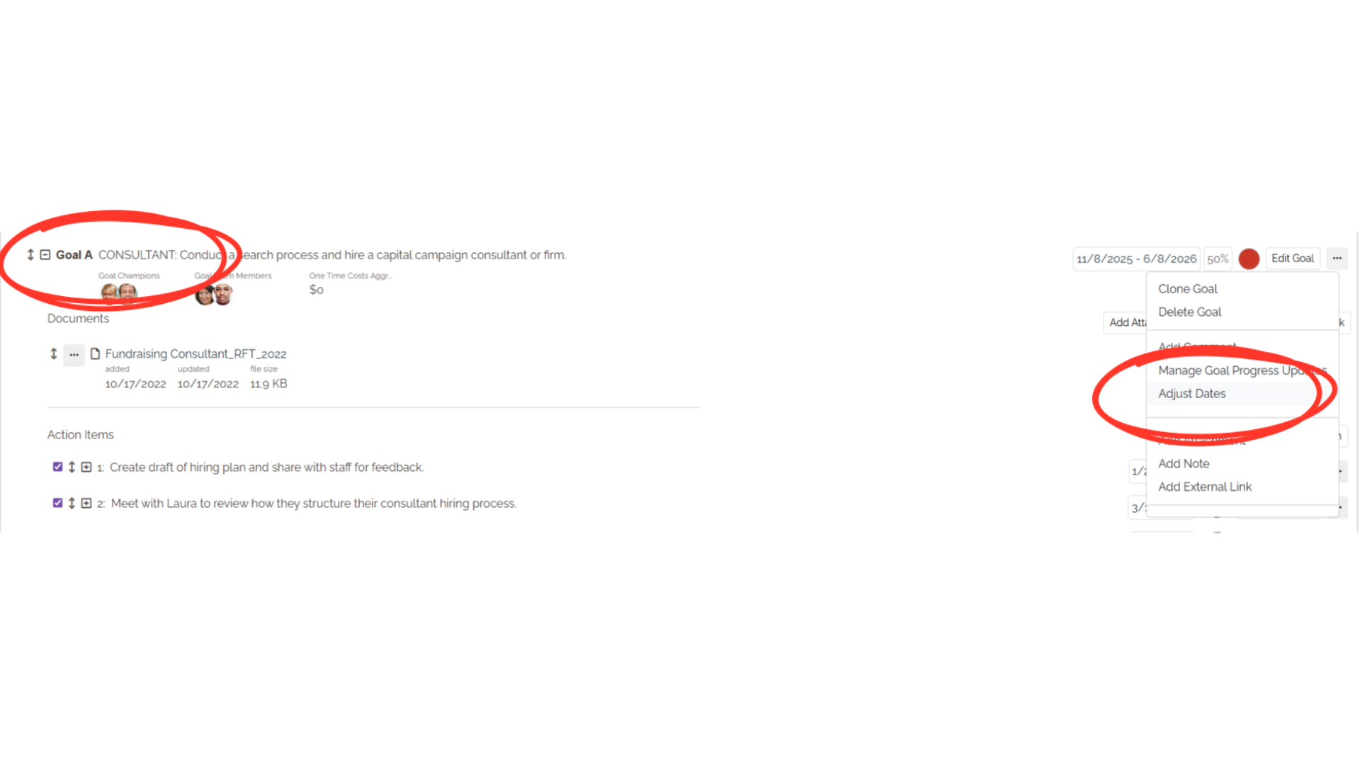 Adjusting dates on action items