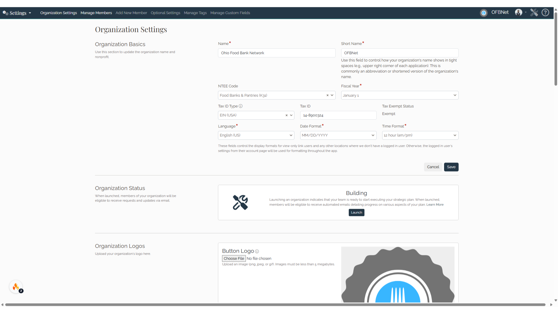 Organization Settings page